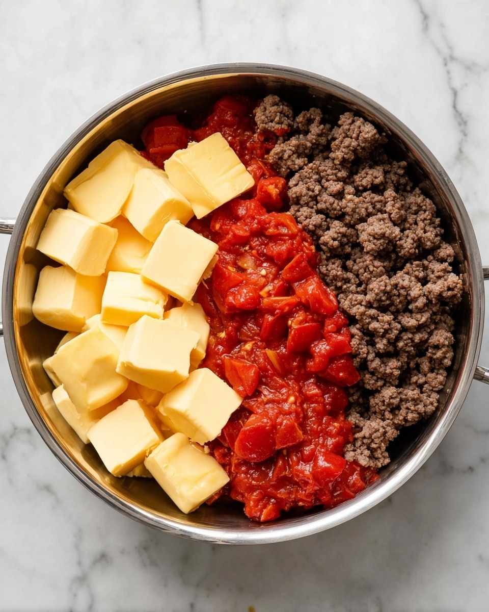 In a round stainless steel pan resting on a white marbled surface, there are three main layers side by side. On the left side, there are many blocks of smooth, pale yellow cheese stacked loosely. In the middle, there is a chunky red layer of cooked tomatoes with visible seeds and soft texture. On the right side, there is a layer of finely crumbled, cooked brown ground meat. The layers are distinct and do not mix. Photo taken with an iphone --ar 4:5 --v 7