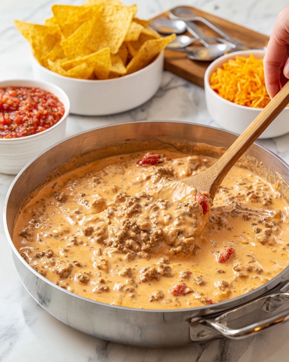 A close-up of a large silver pan filled with a creamy, thick dip that has a light orange color with visible chunks of cooked ground meat and small pieces of red tomatoes, stirred with a wooden spoon held by a woman's hand. Behind the pan, there are three white bowls: one filled with yellow tortilla chips, another with a small amount of red salsa and a spoon, and the last one with orange crunchy snacks. All items are placed on a white marbled surface. photo taken with an iphone --ar 4:5 --v 7