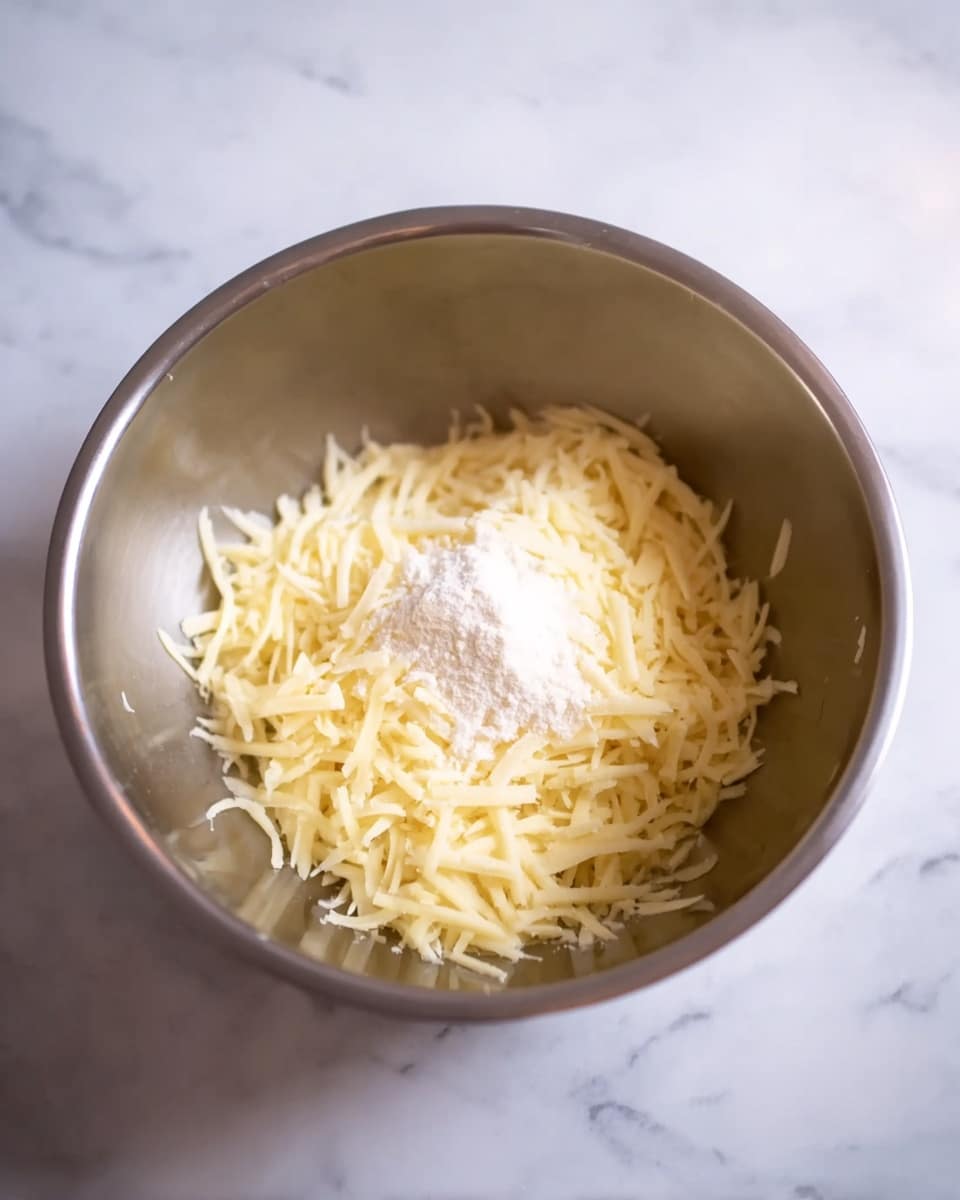 A round silver metal bowl sits on a white marbled surface. Inside the bowl, there is a large pile of light yellow shredded cheese with a small mound of white powder sprinkled on top, resting near the center. The bowl's smooth metal texture reflects some light, and the cheese strands are thin and unevenly spread, giving a soft, stringy look. photo taken with an iphone --ar 4:5 --v 7
