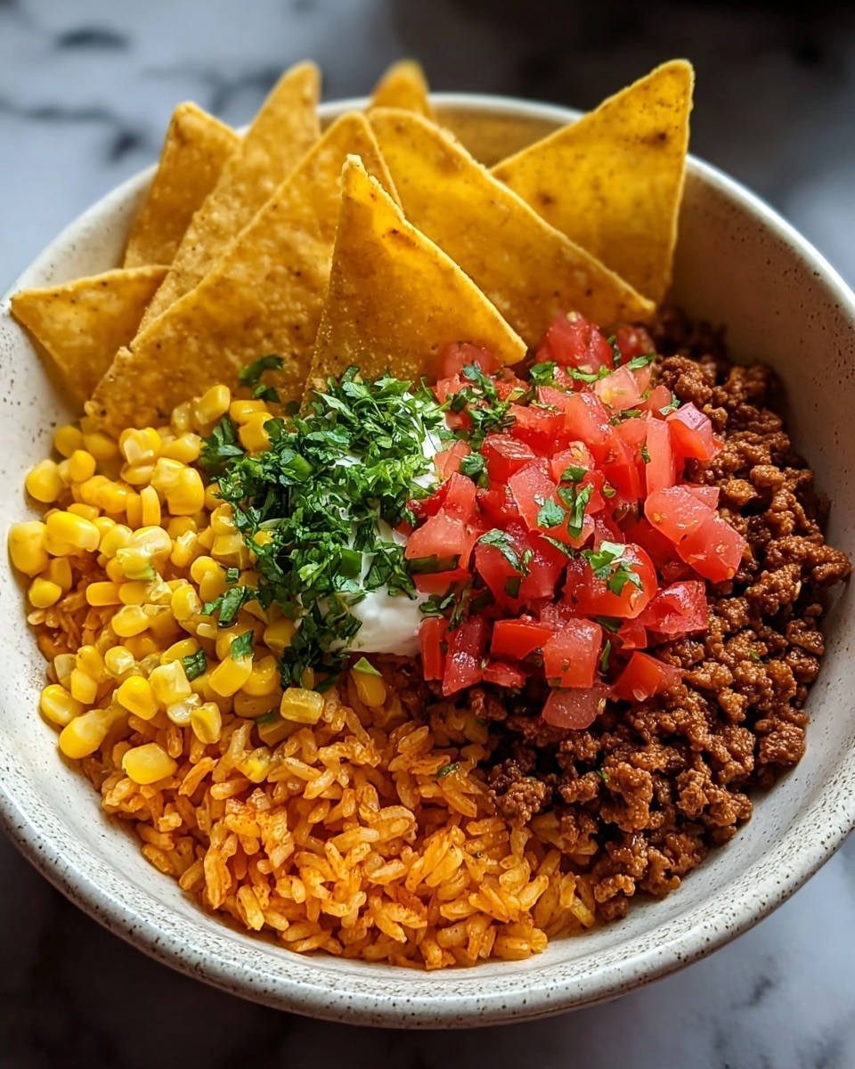 The dish is a layered bowl starting with a base of orange-colored rice mixed with yellow corn kernels. On top of the rice, there is a layer of cooked ground meat seasoned with red bits, garnished with chopped green herbs. Next to the meat is a pile of finely diced red tomatoes with more green herbs sprinkled on top. Resting on one side of the bowl are several triangular yellow tortilla chips standing upright. The bowl itself is white with a slightly speckled texture, placed on a white marbled surface. Photo taken with an iphone --ar 4:5 --v 7