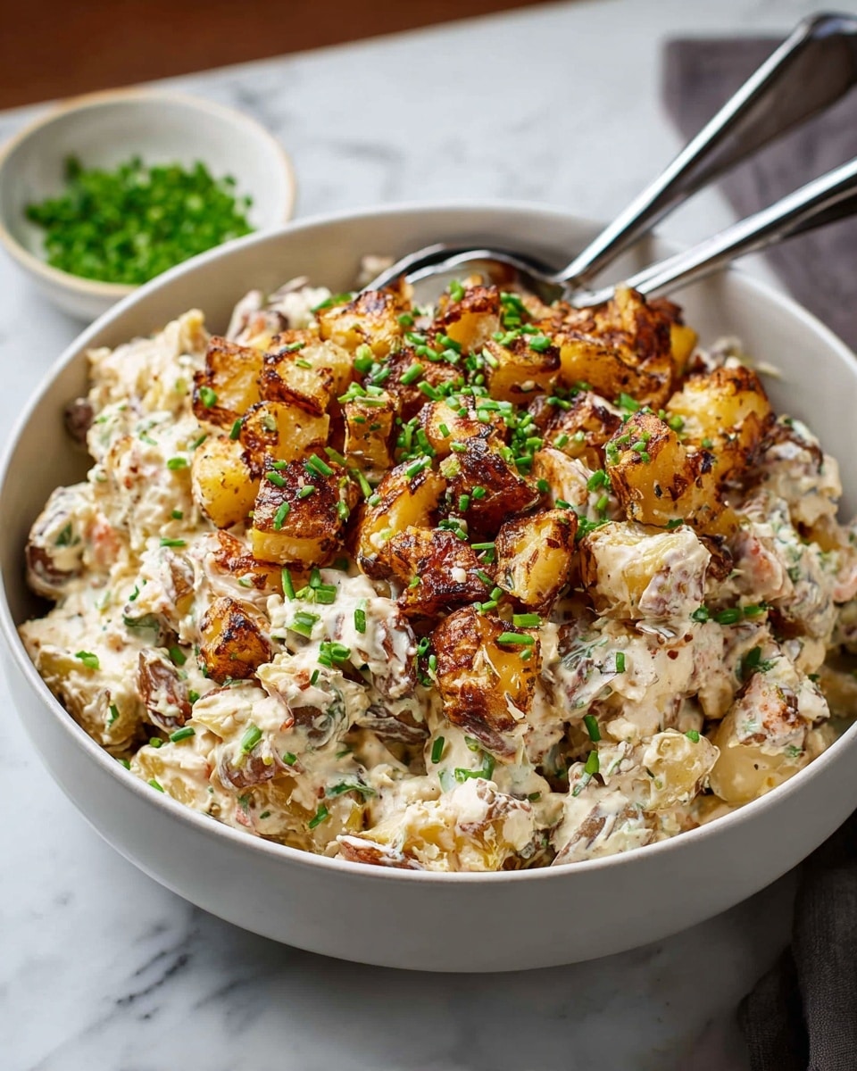 A white bowl filled with a creamy mixture of small, chunky pieces that are light brown with darker crispy edges, topped with a pile of grilled, golden-yellow and dark brown cubes mixed with reddish-brown bits, garnished with small green herb pieces scattered on top. The bowl is set on a white marbled surface with a dark cloth partially visible underneath and a blurred round container with creamy sauce in the background. photo taken with an iphone --ar 4:5 --v 7