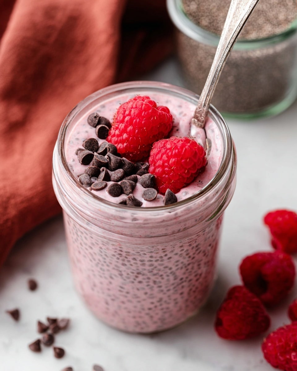 A close-up image of a glass jar filled with pink chia pudding, showing the small, round chia seeds suspended in creamy layer. On top, there are three bright red raspberries clustered together with small dark chocolate chips scattered around them. A vintage silver spoon sticks out from the pudding, resting inside the jar. The jar sits on a white marbled surface with some chocolate chips and raspberries beside it, a clear container filled with chia seeds is visible blurred in the background, and a folded rust-colored cloth is draped behind. photo taken with an iphone --ar 4:5 --v 7
