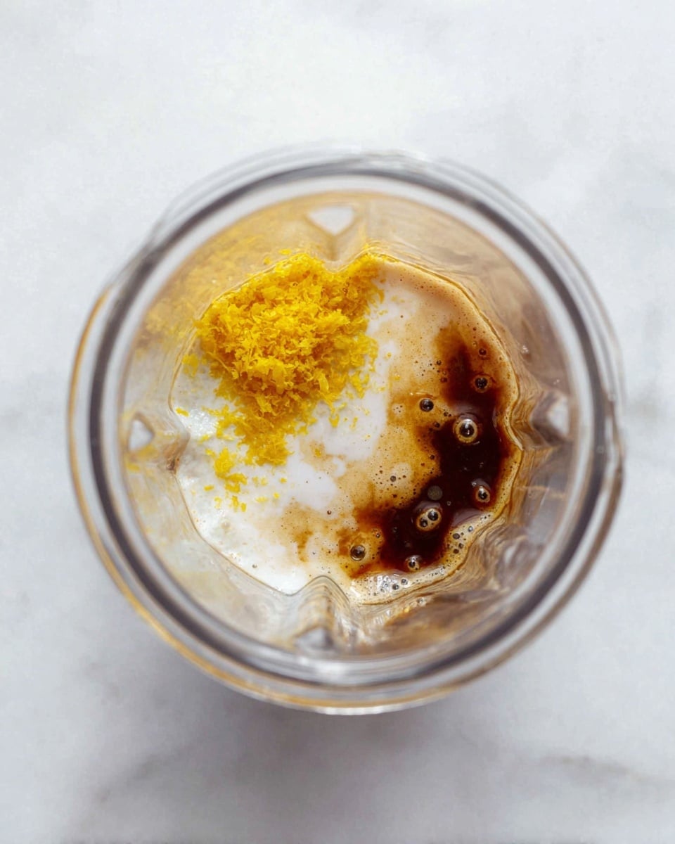 A clear glass blender cup is shown from the top view. Inside, there are four main layers: at the bottom, a creamy white liquid with a smooth texture, then a layer of light brown sauce with small bubbles and frothy spots, followed by a darker brown liquid that pools slightly to one side, and on top of this layer, a small pile of bright yellow zest with a coarse texture. The glass cup is placed on a white marbled surface. photo taken with an iphone --ar 4:5 --v 7