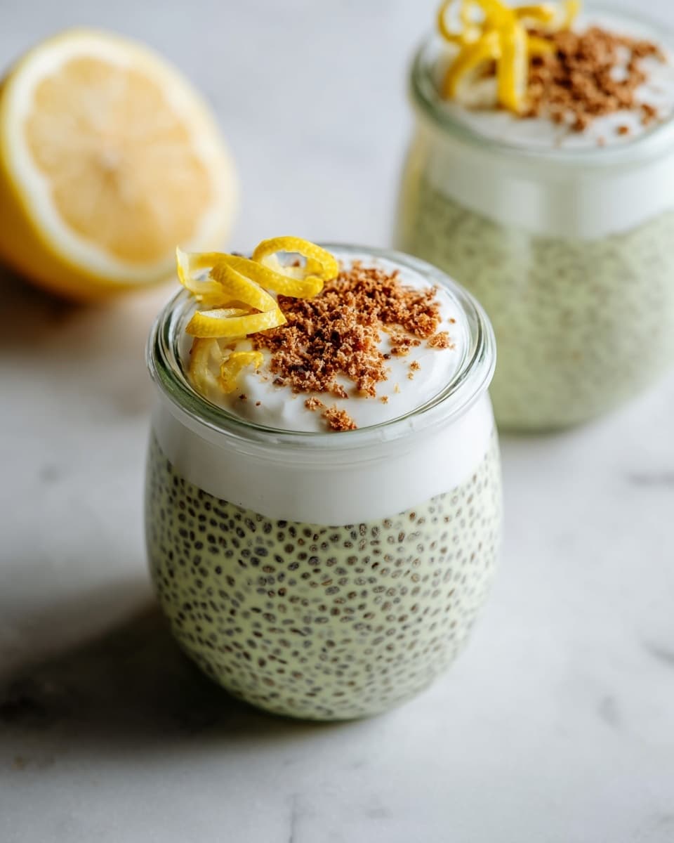 The image shows a close-up of two jars with a three-layer dessert on a white marbled surface. The bottom layer is light green with small black chia seeds spread throughout, showing a bumpy texture. The middle layer is a smooth, white cream filling most of the jar's top part. On top, there is a sprinkling of brown crumbly bits and two curled lemon peels placed near the center. In the background, half of a lemon is visible on the left side, and part of another jar of the dessert appears on the right, slightly out of focus. The lighting is soft and natural, highlighting the creamy and fresh look of the dessert photo taken with an iphone --ar 4:5 --v 7