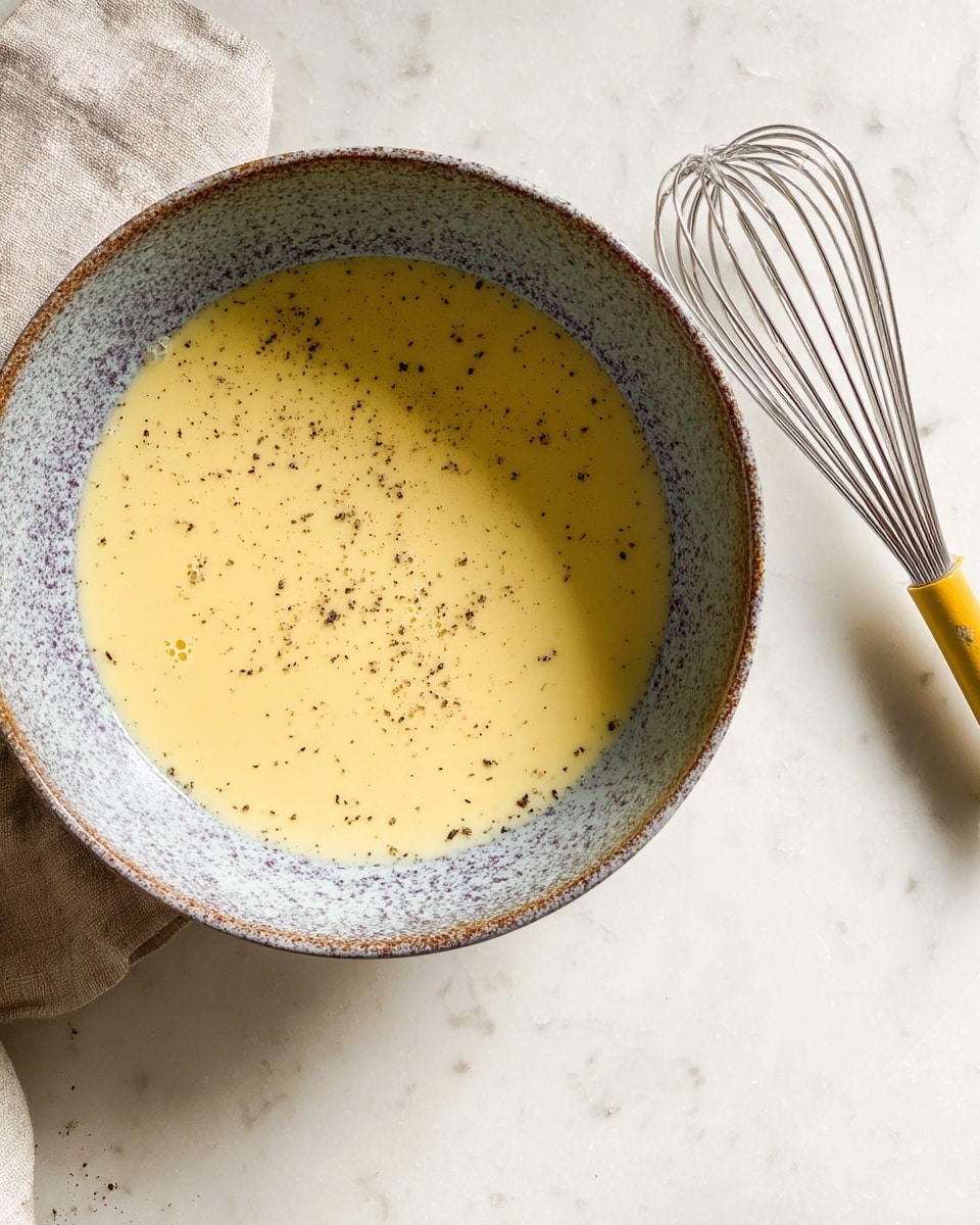 A large textured bowl with a speckled gray and blue rim holds a smooth, pale yellow liquid with small bubbles and black pepper sprinkled on top, filling about half the bowl. To the right of the bowl on a white marbled surface lies a silver whisk with a yellow handle. A light beige cloth is partially seen on the left side under the bowl. photo taken with an iphone --ar 4:5 --v 7