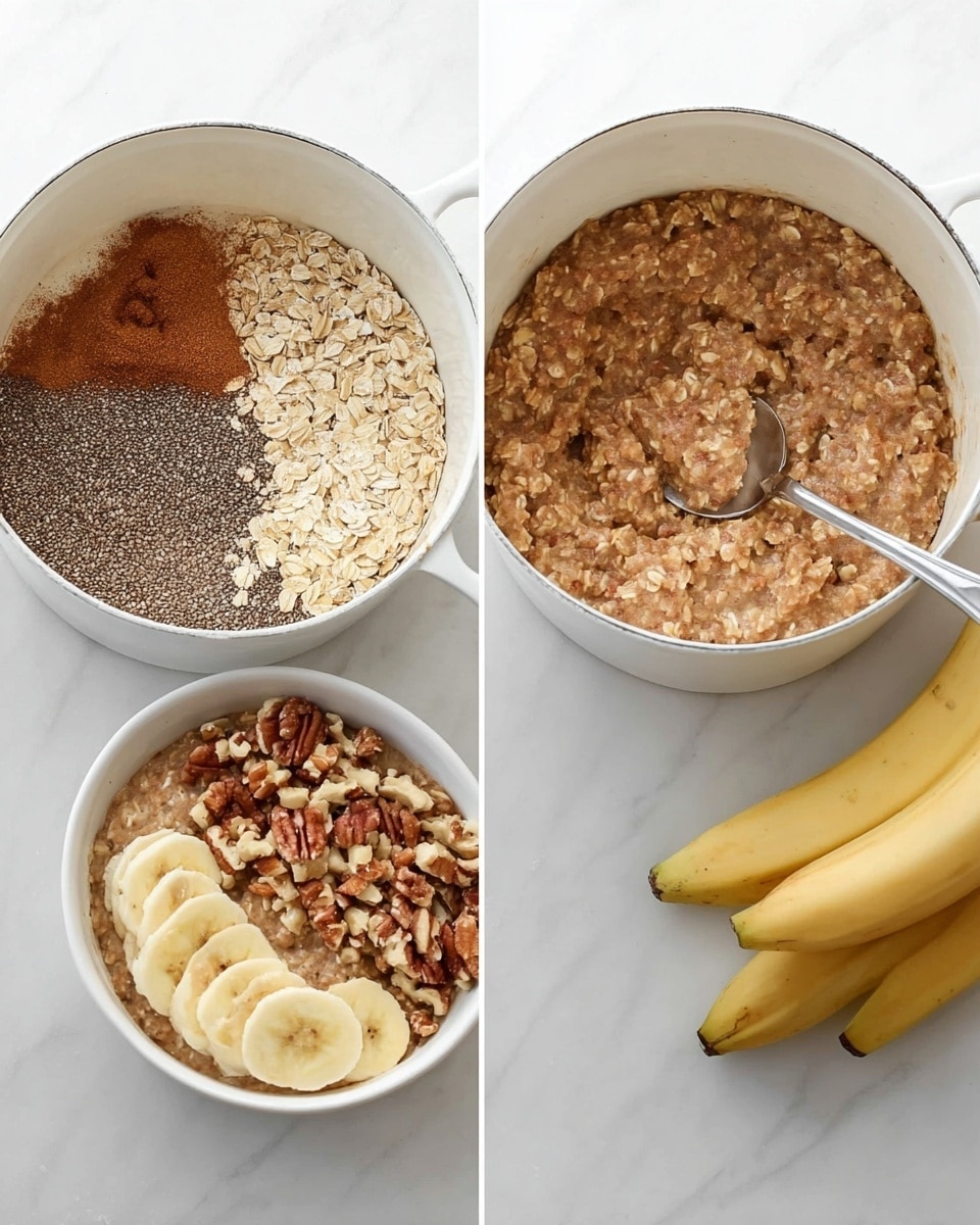 The image shows three stages of making a breakfast bowl arranged side by side. On the left, a white pot sits on a white marbled surface filled with dry oats, chia seeds, cinnamon powder, and mashed banana placed in separate sections. In the middle, the same pot shows the mixed, cooked oatmeal with a warm, soft texture and a brownish color from the cinnamon and banana, filling most of the pot. On the right, a white bowl filled with the same oatmeal is topped with slices of banana lined neatly on one side, chopped nuts sprinkled on top, and a silver spoon resting inside, with bananas and a small white bowl of oats on the side on the white marbled surface. Photo taken with an iphone --ar 4:5 --v 7