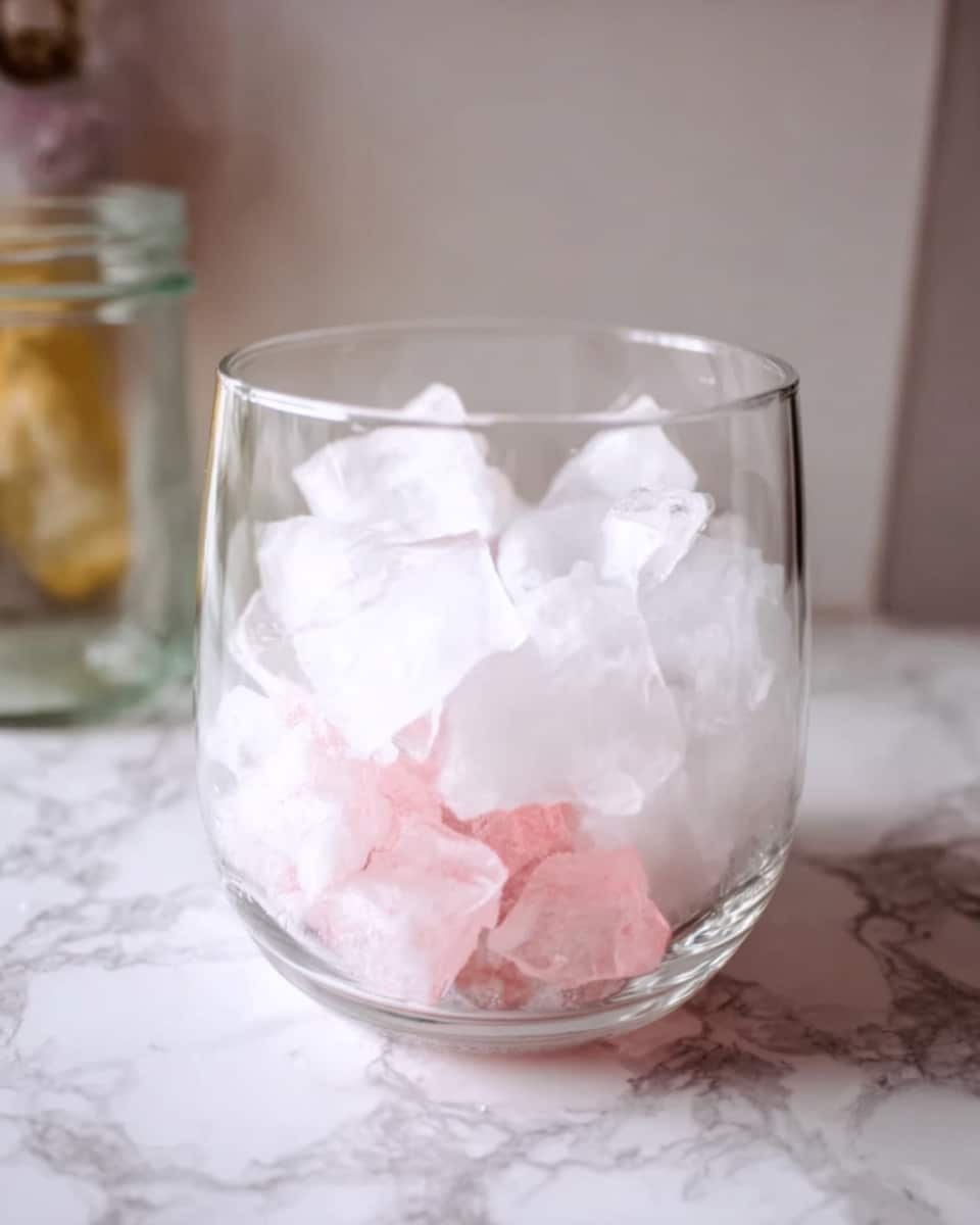 A clear, rounded glass filled with three main visible layers of a drink, resting on a white marbled surface. The bottom layer is a thick, vibrant red syrup pooling at the base. Above that is a thin, cloudy white layer that mixes slightly upwards into the top layer, which is light pink and bubbly, with foam forming on the surface inside the glass. The background is plain and light, emphasizing the colors and textures in the glass photo taken with an iphone --ar 4:5 --v 7