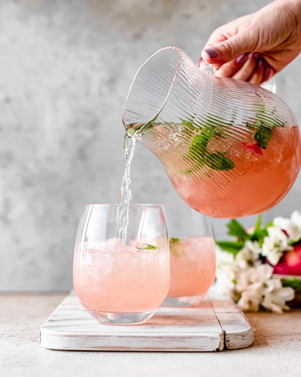 A clear round glass filled with light pink liquid, with one whole strawberry placed on the rim on top right and a thin slice of strawberry floating inside the glass near the middle, along with a few green mint leaves, all shown on a white marbled surface with soft blurred white flowers in the background and another similar glass partially visible behind it, photo taken with an iphone --ar 4:5 --v 7
