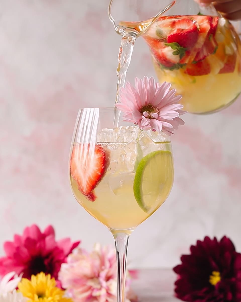 A clear glass pitcher with a decorative pattern is filled with a light orange drink and ice cubes. Inside the drink, there are floating layers of colorful ingredients: dark red and yellow small flowers near the top, a bright red whole strawberry, green lime slices, and pink and white flower petals spread throughout. The pitcher sits on a white marbled surface, surrounded by pink, purple, red, and yellow flowers, a sliced strawberry, and a lime wedge, with a white marbled background behind. Photo taken with an iphone --ar 4:5 --v 7