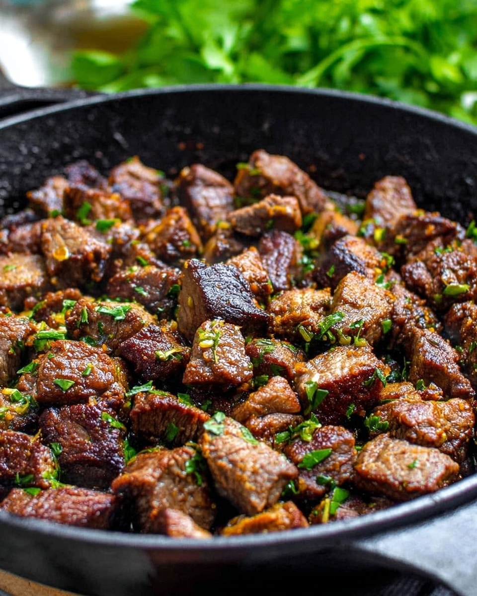 The image shows many small brown pieces of cooked meat with a slightly crispy texture in a black pan. The meat pieces have a mix of darker and lighter brown colors with bits of green herbs sprinkled evenly on top. The pan is round with a handle on the right side and the background shows some green leaves blurred in the distance. The meat looks juicy and well cooked, filling the pan almost all the way. Photo taken with an iphone --ar 4:5 --v 7