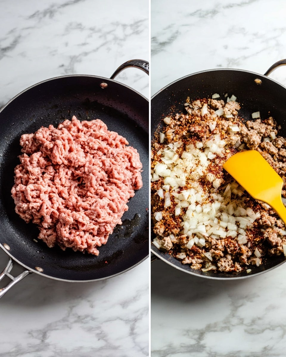 The image shows two pans on a white marbled surface. The first pan contains raw ground meat, light pink with a soft texture, placed in the center. The second pan shows the ground meat partly cooked to a brown color with some pink spots remaining and topped with white chopped onions and a mix of brown and reddish spices scattered evenly over the surface. A yellow spatula rests on the right side of the second pan. Photo taken with an iphone --ar 4:5 --v 7
