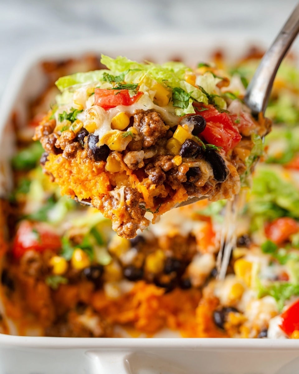 A close-up view of a spoonful lifting a layered dish from a white rectangular baking dish with a white marbled surface in the background. The layers in the dish include an orange base, likely mashed sweet potatoes or similar, topped with a mixture of browned ground meat, melted light cheese, black beans, bright yellow corn kernels, and small pieces of red tomato. The top layer also includes shredded green lettuce, adding a fresh touch. The textures range from soft and creamy to chunky with a mix of warm colors such as orange, brown, yellow, green, and red. Photo taken with an iphone --ar 4:5 --v 7