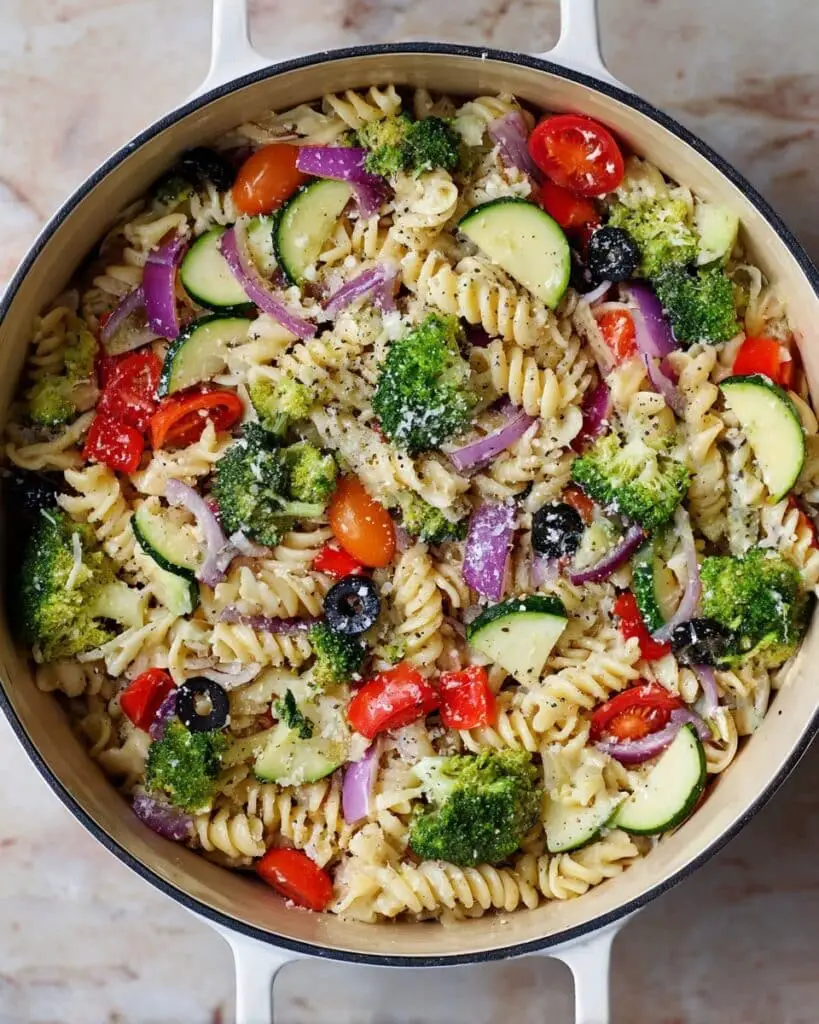 Colorful Vegetable Pasta Salad with Italian Dressing and Parmesan Recipe