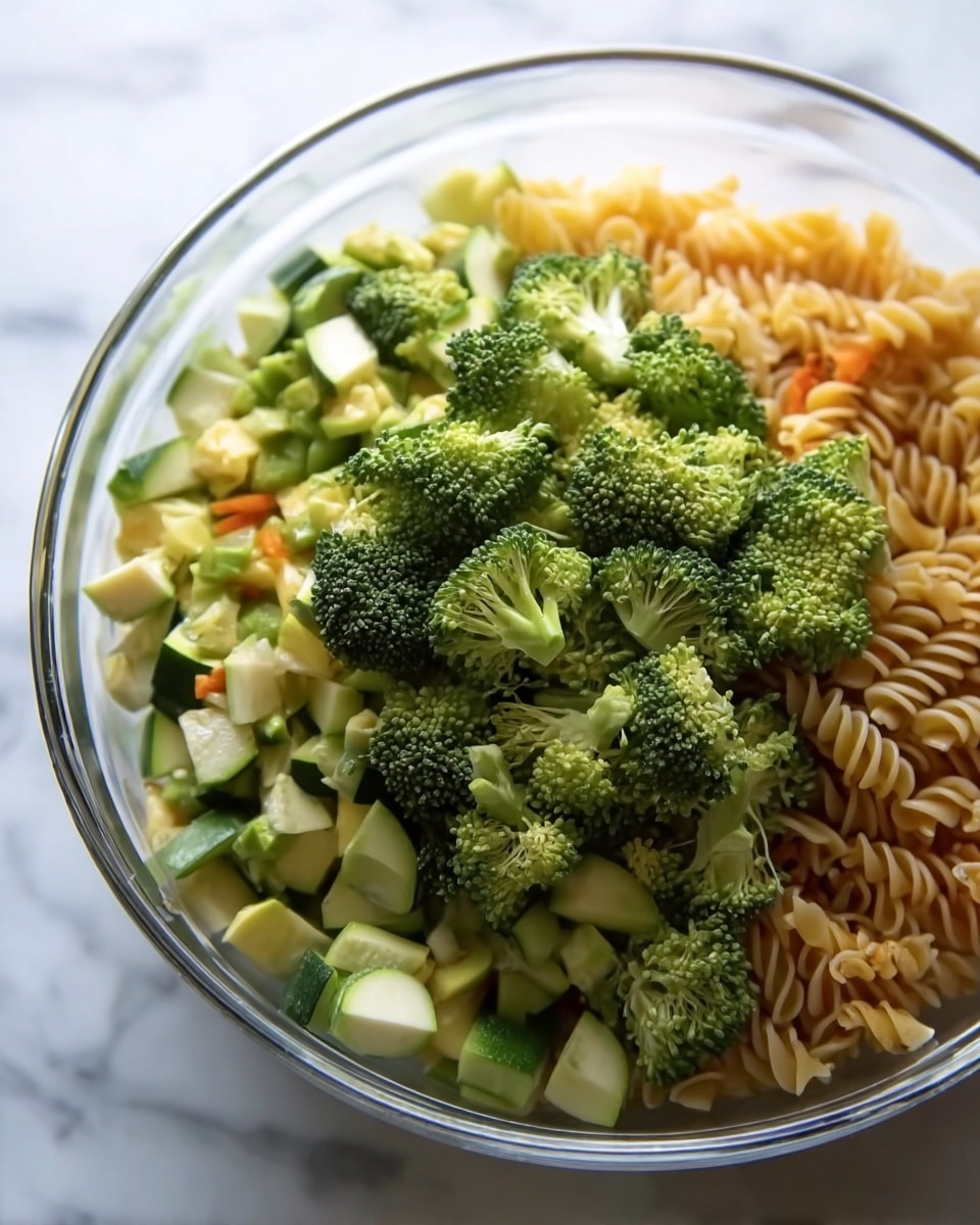 The image shows a clear glass bowl filled with three layers of food. The bottom layer is made of tri-colored spiral pasta, mostly light brown, pale green, and orange in color. Above that is a layer of chunky, pale yellow and green pieces of zucchini. The top layer is a heap of bright green broccoli florets, looking fresh and slightly moist. The bowl sits on a white marbled surface. photo taken with an iphone --ar 4:5 --v 7