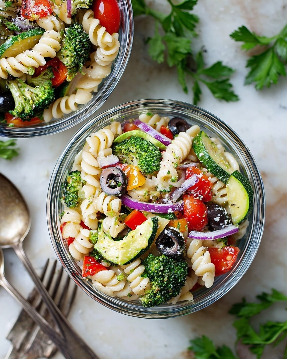 A large white pot filled with twisting spirals of pale beige pasta as the bottom layer, topped with bright green broccoli florets, dark black olive slices, cherry tomato halves in red, thin curved slices of light green zucchini, small squares of red bell pepper, and thin strips of purple onion scattered evenly across the dish. The pasta and vegetables are sprinkled lightly with small white crumbs, likely cheese, and some black pepper flakes are visible. The pot sits on a white marbled surface. photo taken with an iphone --ar 4:5 --v 7