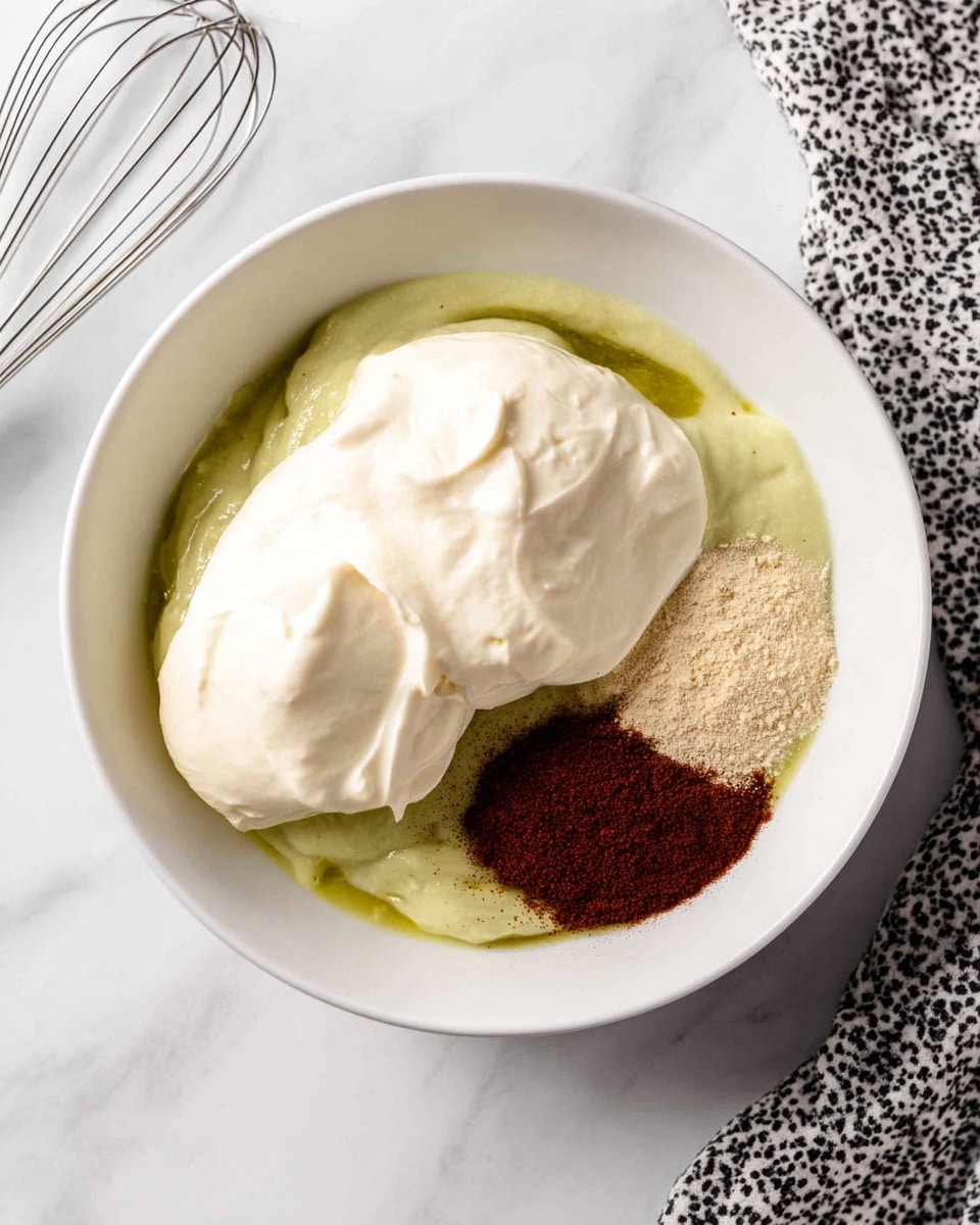 In a white bowl, there is a base layer of green sauce that looks smooth and slightly oily, covering the bottom. On top, two large dollops of creamy white mayonnaise and sour cream are stacked next to each other, with one on the left and the other on the right. On the right dollop, there are two small piles of fine powders: one light beige and one dark reddish-brown, placed side by side near the center. The bowl is placed on a white marbled surface, and a silver whisk and a black and white patterned cloth are beside it. Photo taken with an iphone --ar 4:5 --v 7