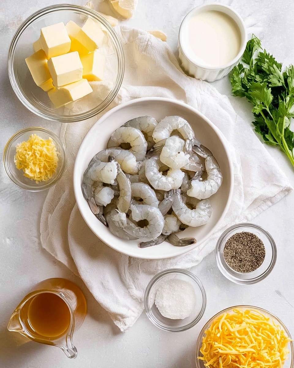 A white bowl in the center holds a pile of raw, peeled shrimp with a light grayish color and firm texture. Around the bowl, arranged on a white marbled surface with a white cloth underneath, are several small clear glass bowls and containers: cubes of pale yellow butter at the top left, a bowl with yellow minced garlic below it, a bowl with half white salt and half black pepper to the right, a bowl of ground black pepper below it, and a bowl filled with shredded yellow cheese at the bottom right. There’s also a glass pitcher containing a light brown liquid to the bottom left, a glass bowl of white milk beside it, and a block of hard yellow cheese near the bottom. A small bunch of green parsley is placed near the top right corner. Photo taken with an iphone --ar 4:5 --v 7