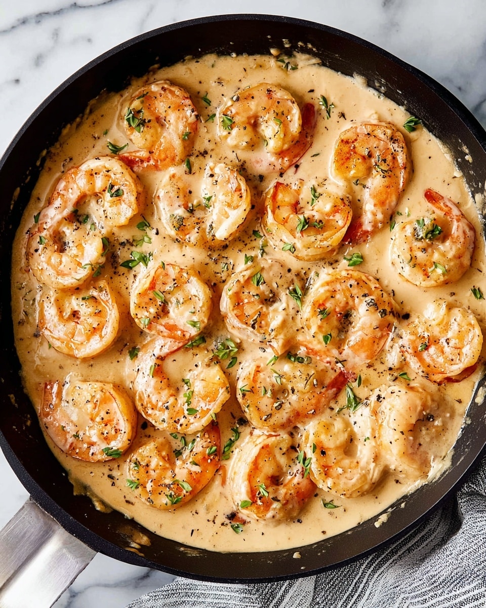 A black skillet holds about twenty pieces of cooked shrimp in a thick, creamy light beige sauce speckled with black pepper. The shrimp are a mix of soft orange and white, arranged closely together and partially submerged in the sauce. Small pieces of green herbs are scattered on top of the shrimp and sauce, adding color contrast. The skillet sits on a white marbled surface. A small part of a gray and white striped cloth is visible at the bottom right corner. photo taken with an iphone --ar 4:5 --v 7