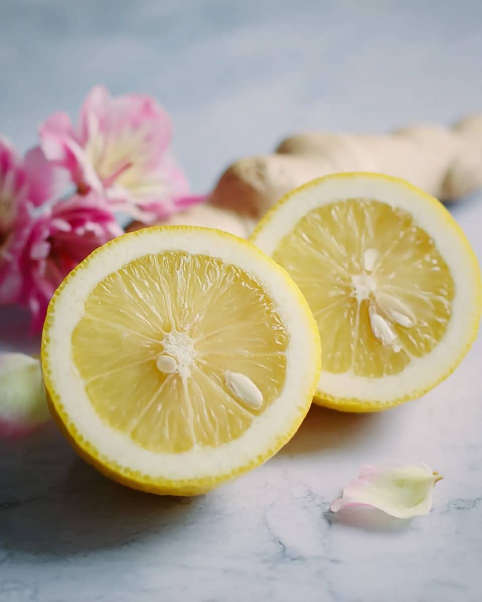 The image shows two halves of a lemon placed side by side, with the bright yellow flesh and white seeds clearly visible. Behind the lemon halves, there is a pale textured root, likely ginger, laying horizontally. To the left of the lemon, soft pink and white flower petals are partially visible, adding a delicate touch. The items rest on a white marbled surface that provides a clean and fresh background. The photo taken with an iphone --ar 4:5 --v 7