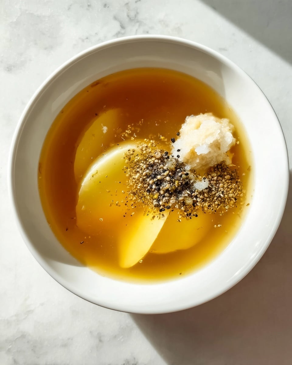 A white bowl holds a clear golden broth with a smooth and shiny surface. Inside the broth, there are a few pale yellow slices of potato near the edges. A small mound of white minced garlic is settled on one side, next to a pile of black and white cracked pepper. Floating on the top right is a small dollop of pale beige mustard with a soft texture. The bowl is placed on a white marbled surface, and soft natural light creates gentle shadows around it. photo taken with an iphone --ar 4:5 --v 7