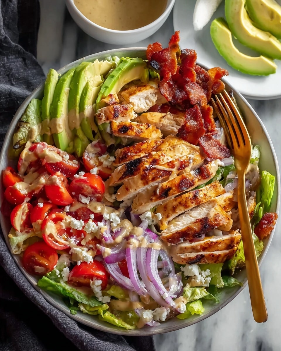 A white bowl filled with layers of fresh green lettuce at the bottom, topped with sliced grilled chicken pieces that are golden brown with some charred edges in the center. Around the chicken, there are crunchy reddish-brown bacon strips, creamy light green avocado slices, halved red and yellow cherry tomatoes, thin purple onion slices, and small white crumbles of cheese scattered evenly. A golden fork rests inside the bowl on the right side. The bowl is placed on a white marbled surface, and in the background, there is a small white bowl of light brown dressing and a small white plate with additional avocado slices. photo taken with an iphone --ar 4:5 --v 7