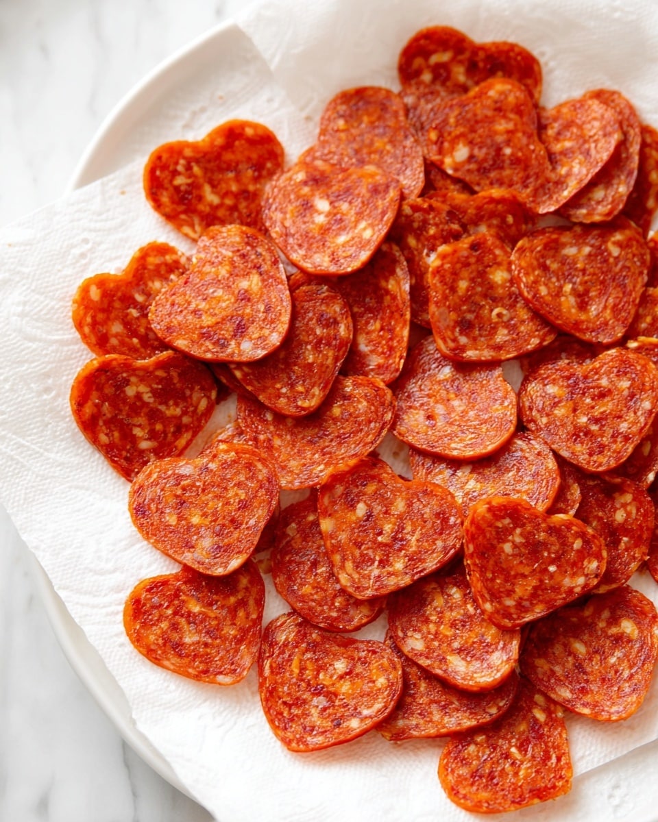 A white plate with a layer of white paper towel on top holds many small, heart-shaped pepperoni slices scattered across it. Each pepperoni slice is a deep red-orange color with visible tiny white and red specks, showing a slightly oily texture. The pepperoni hearts are thin and cover almost the whole paper towel, creating a rich, warm contrast against the bright white background. The setting is on a white marbled surface photo taken with an iphone --ar 4:5 --v 7