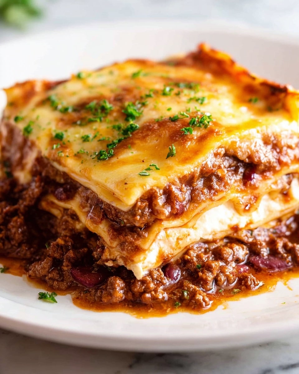 A close-up of a thick slice of lasagna on a white plate, showing four visible layers. The bottom layer is a rich, dark brown meat sauce mixed with small pieces of vegetables and beans, having a chunky texture. Above that, there is a smooth, thin layer of creamy white cheese. Next is another layer of the meat mixture, similar in color and texture to the bottom. The top layer consists of melted golden cheese that is slightly browned and bubbly, with small green herb pieces sprinkled on top. The plate sits on a white marbled surface. Photo taken with an iphone --ar 4:5 --v 7