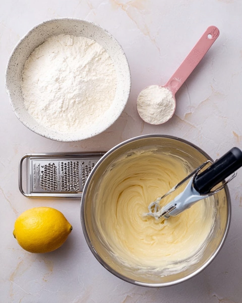 The image shows a metal mixing bowl on the right side filled with a creamy light yellow batter with a mixing attachment partially submerged in it. To the left, there is a white speckled bowl filled with sifted white flour. Above the flour bowl, a pink measuring spoon holds white powdery cream. Below the bowls, a whole yellow lemon sits on top of a white grater with a black handle. All these items are placed on a surface with a white marbled texture photo taken with an iphone --ar 4:5 --v 7