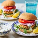 Salmon Burgers with Tzatziki, Arugula, Tomato, and Red Onion Recipe