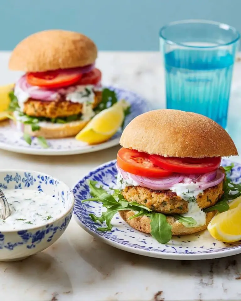 Salmon Burgers with Tzatziki, Arugula, Tomato, and Red Onion Recipe