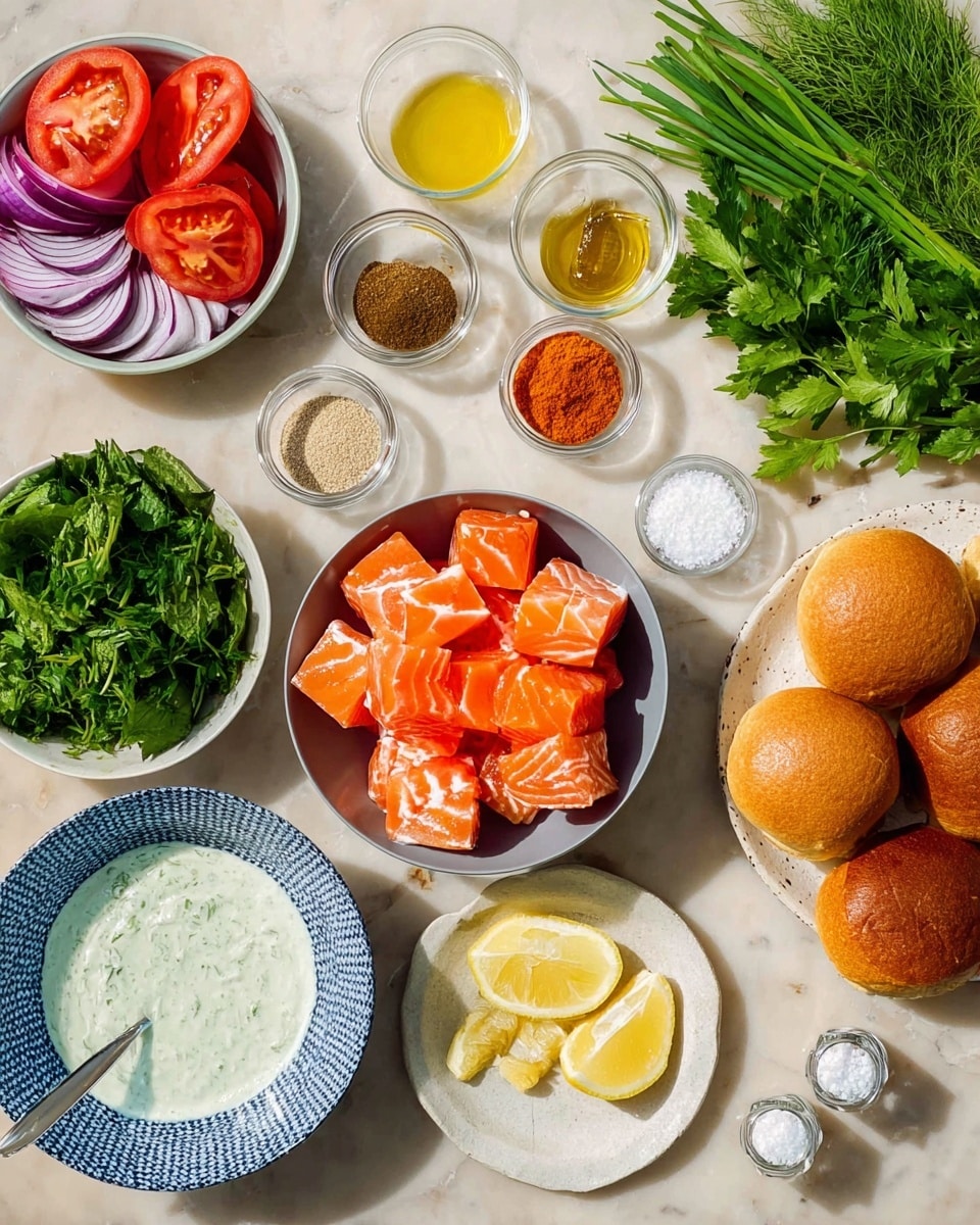 The image shows many ingredients placed neatly on a white marbled surface. In the center, there is a bowl with bright orange raw fish cubes, each showing white lines of fat. Above this, three small glass bowls hold yellow mustard, brown spice, and red spice. To the right, there is a bowl filled with pale yellow powder, next to fresh green onions and leafy parsley. Below these, two lemon halves are placed near small bowls of salt and pepper. On the far right, four round, golden-brown bread rolls are stacked in a white plate. On the left side, a small white bowl contains green leafy herbs, next to a patterned bowl with thick red tomato slices topped by rings of purple onion. At the bottom left, a blue and white bowl holds a creamy white sauce with green herbs, and a spoon rests inside. photo taken with an iphone --ar 4:5 --v 7