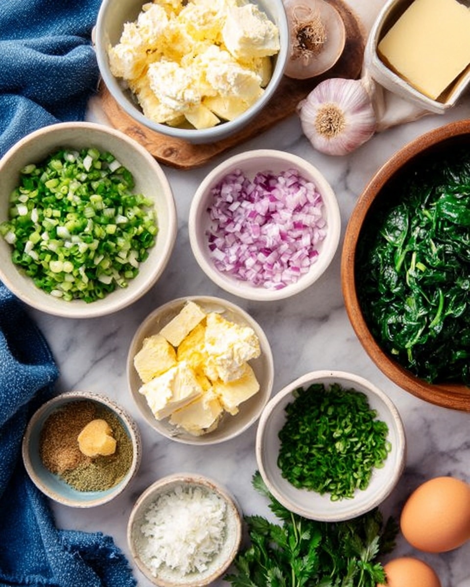 This image shows several small white bowls and dishes with different ingredients arranged on a white marbled surface. There are bright green chopped scallions in one bowl, finely chopped red onions in another, and a bowl with chopped green leafy herbs. A bowl filled with bright green cooked spinach is also present. Other containers hold light yellow butter cubes, brownish powder spices, a small pile of grated yellow ginger, and a few cracked eggs with some fresh parsley next to them. A blue cloth is partially visible near the ingredients. photo taken with an iphone --ar 4:5 --v 7
