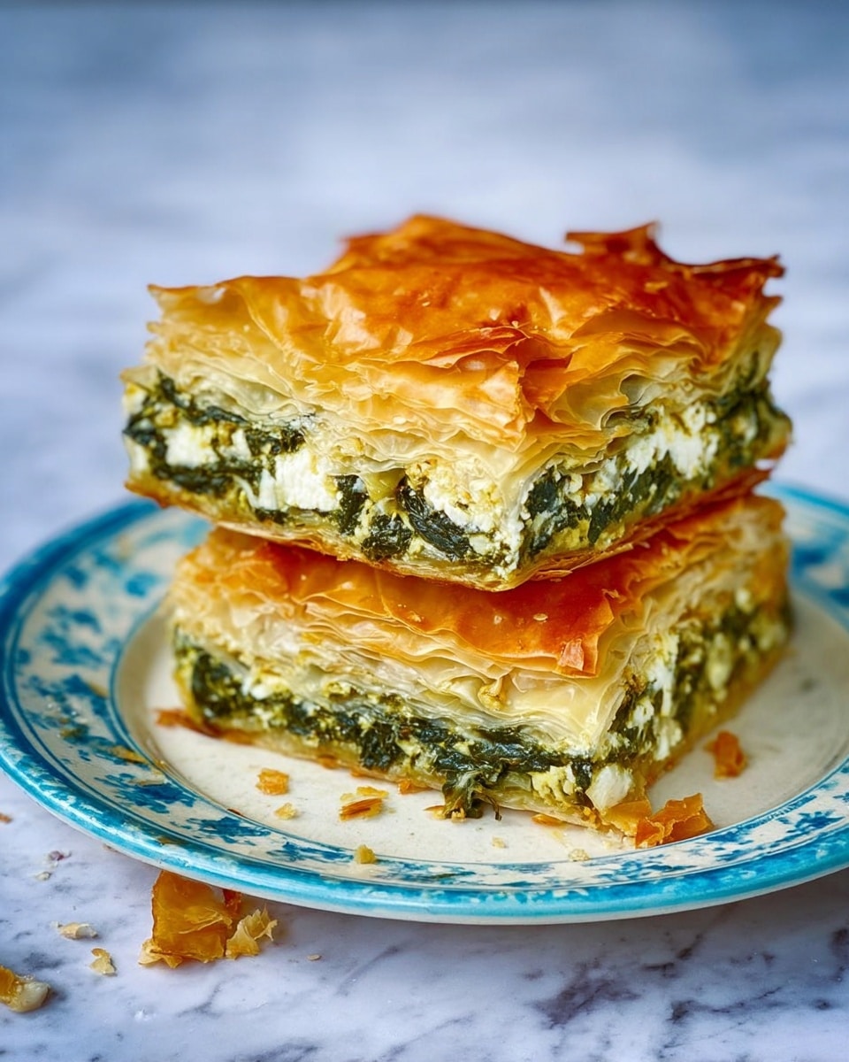 Two square pieces of layered spinach and cheese pastry are stacked on a white plate with a blue pattern. The pastry has multiple thin layers of golden brown, crispy top and bottom crust. Inside, there are white and green layers made of soft cheese mixed with cooked spinach. The texture looks flaky and light, with some crumbs around the plate. The background is a white marbled surface. photo taken with an iphone --ar 4:5 --v 7