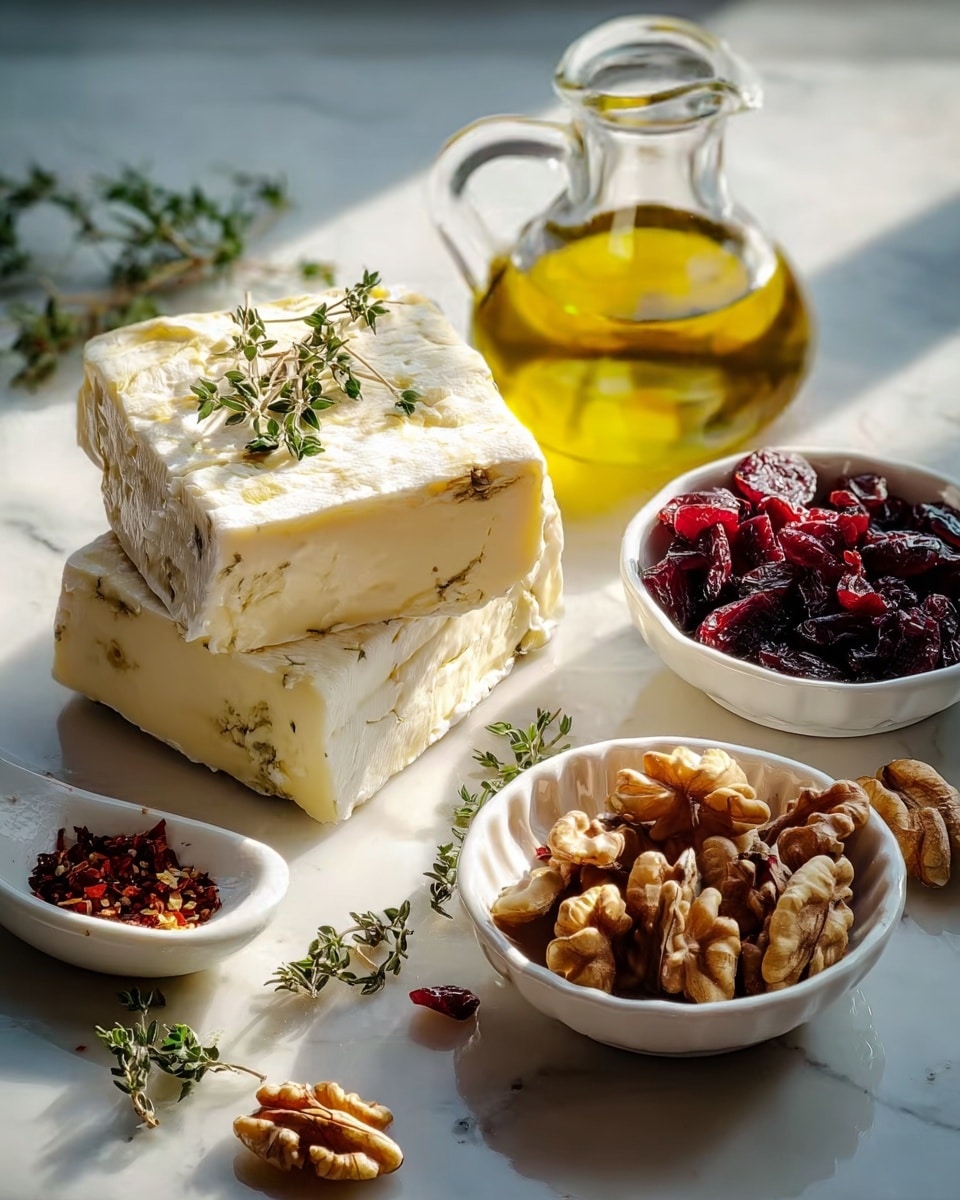 The image shows two thick rectangular pieces of creamy white cheese with soft rinds stacked on top of each other, with a small sprig of green herbs resting on top. Nearby, there are two small white bowls filled with rough brown walnut halves and shiny deep red dried cranberries. A small white dish holds crushed red pepper flakes. In the background, a small clear glass jug holds golden olive oil. Some more walnut pieces and green herb sprigs are scattered on the smooth white marbled surface, softly lit with natural light creating gentle shadows. Photo taken with an iphone --ar 4:5 --v 7