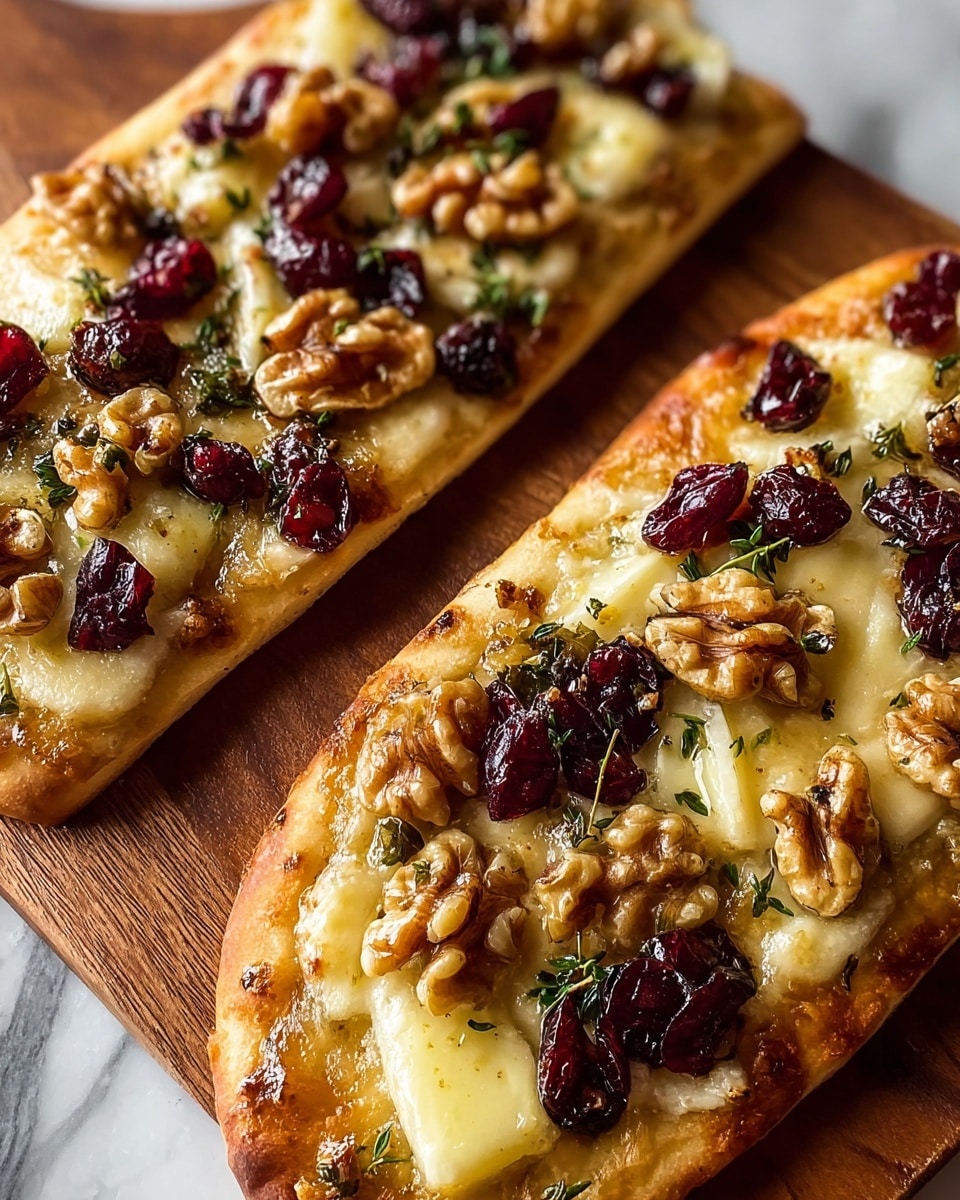 Two flatbread pieces are placed side by side on a wooden board over a white marbled surface. Each flatbread has a golden-brown crust and is topped with three main layers: a base layer of melted light yellow cheese, scattered dark red dried cranberries and chunks of pale creamy white cheese, and a topping of light brown walnut halves with small green herb leaves sprinkled throughout. The toppings are shiny with a light glaze, giving a moist texture overall. Photo taken with an iphone --ar 4:5 --v 7