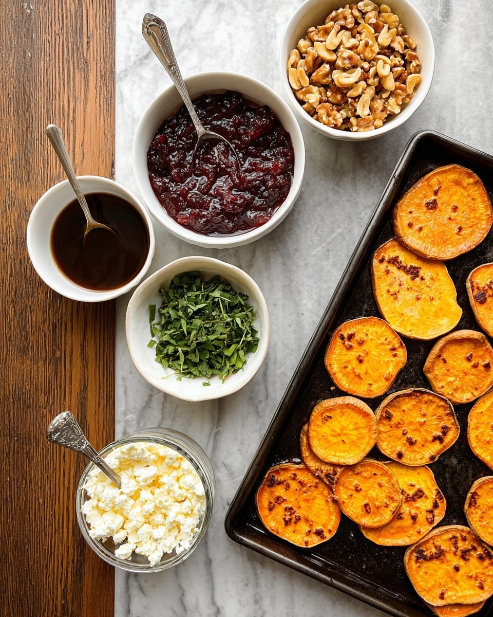 A top-down view of a food spread on a white marbled surface including a rectangular black tray filled with one layer of roasted sweet potato slices that are golden orange with some browned spots, positioned on the right side. Next to the tray, there is a white bowl filled with dark red chunky sauce with a spoon inside. Above it is a larger white bowl with chopped toasted nuts in layers of light brown and golden hues. Below the nut bowl is a small white bowl of fresh green herbs. In the bottom left is another white bowl containing a dark glossy liquid with a spoon resting inside. Finally, near the bottom center is a white bowl filled with white cheese crumbles. The textures range from smooth and creamy to crunchy and chunky. Photo taken with an iphone --ar 4:5 --v 7