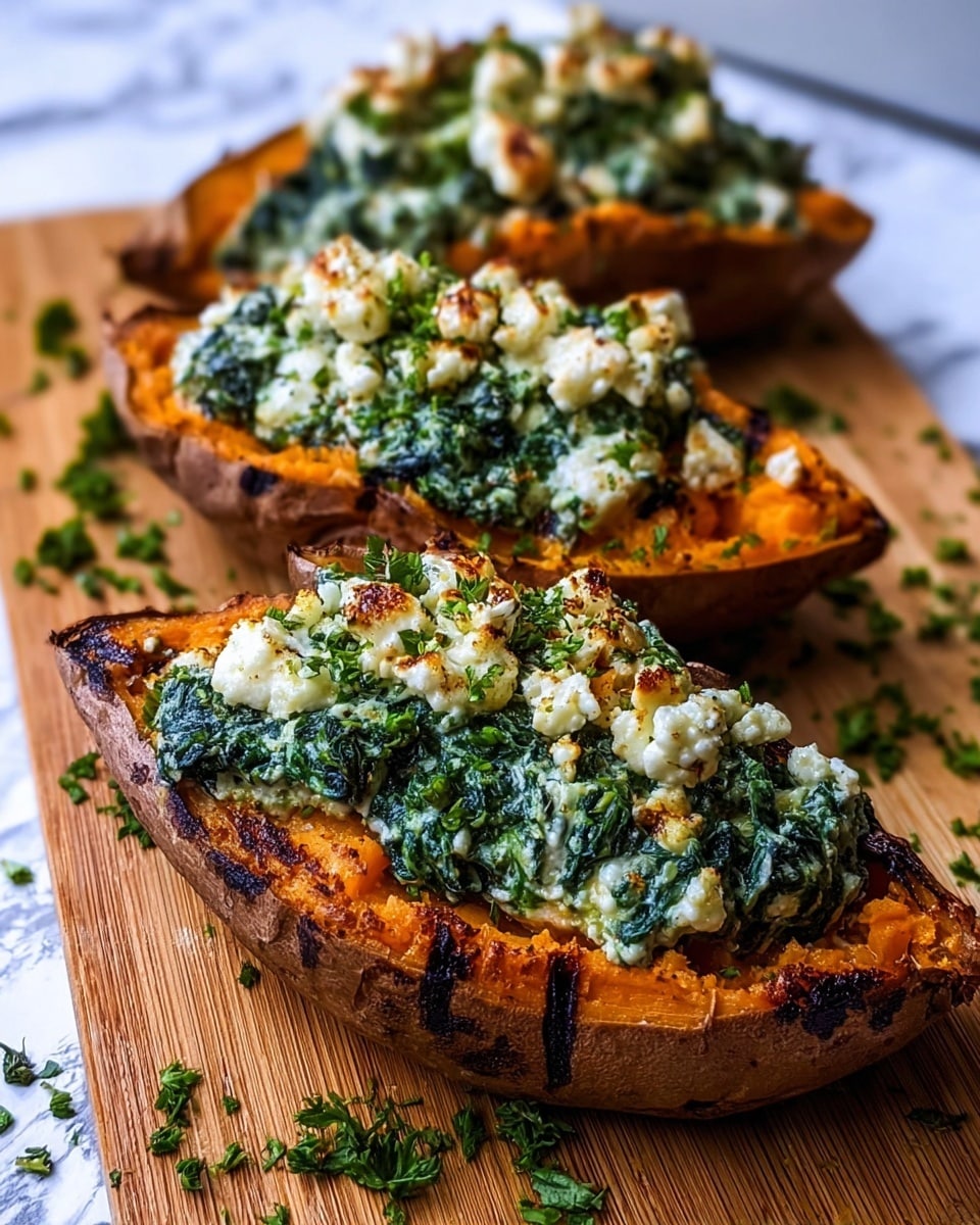 The image shows three halved sweet potatoes, each with three layers. The bottom layer is the orange roasted sweet potato with a slightly charred, crispy skin. The middle layer is a thick, rich green spinach mixture that fills the cavity of each potato. The top layer consists of white, crumbled cheese that is slightly browned and melted on top. The dish is placed on a wooden board with scattered green herbs around. The background has a white marbled texture. photo taken with an iphone --ar 4:5 --v 7