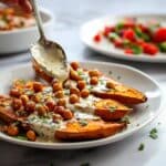 Baked Sweet Potatoes with Chickpeas, Garlic Herb Sauce, and Fresh Parsley-Tomato Topping Recipe