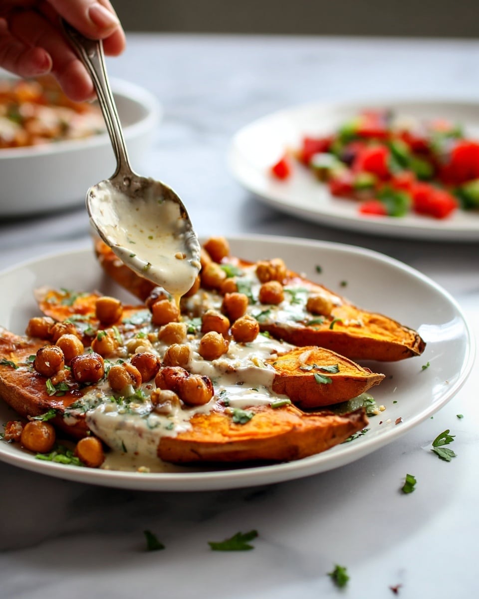 Baked Sweet Potatoes with Chickpeas, Garlic Herb Sauce, and Fresh Parsley-Tomato Topping Recipe