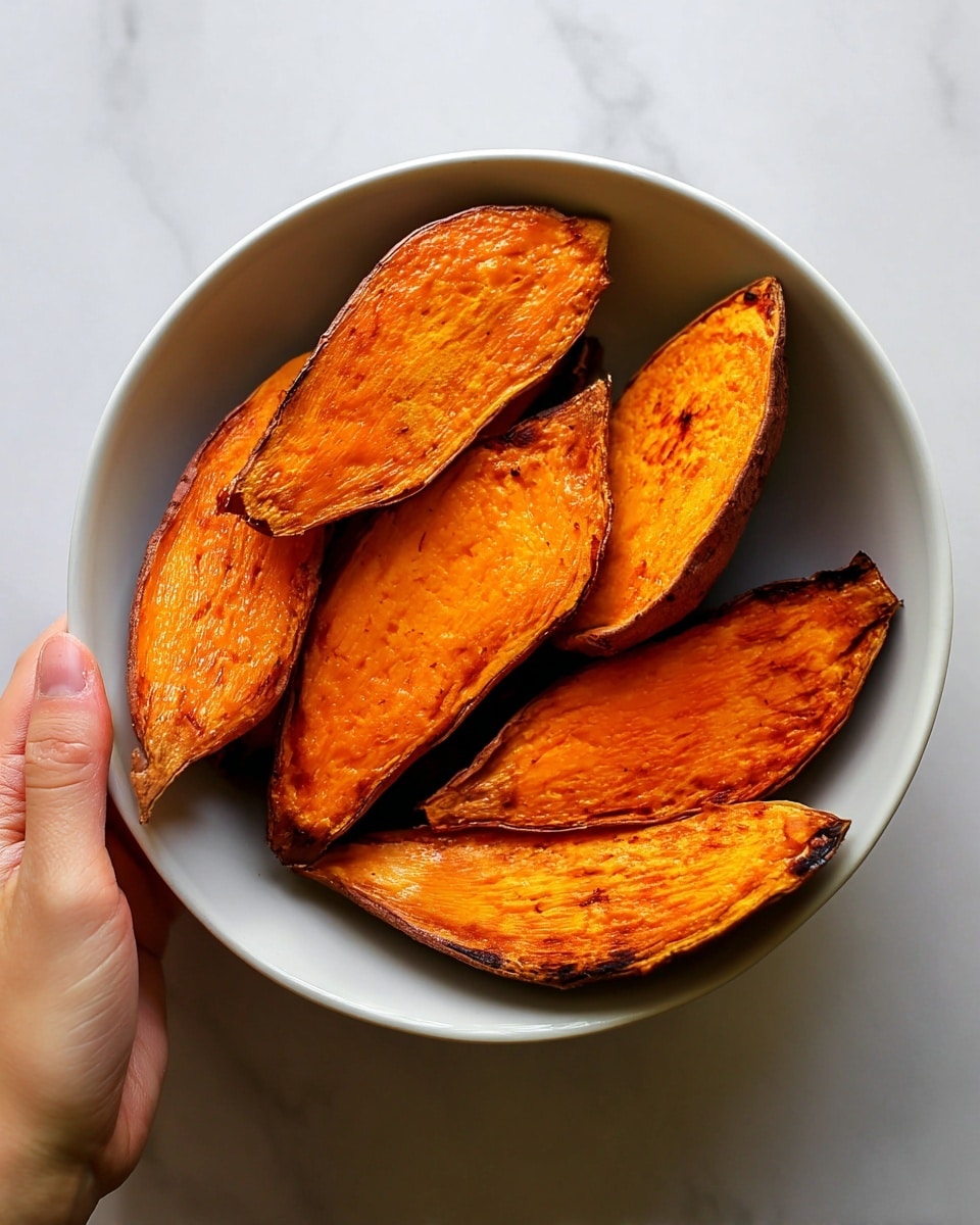 A white bowl holding six large roasted sweet potato halves with darkened edges. The sweet potatoes have a bright orange inside that looks soft and slightly textured, with subtle creases and a warm glow. The bowl is held by a woman's hand at the bottom left corner of the image, against a white marbled background. The photo focuses on the vivid orange color and natural shape of the sweet potatoes in the bowl photo taken with an iphone --ar 4:5 --v 7