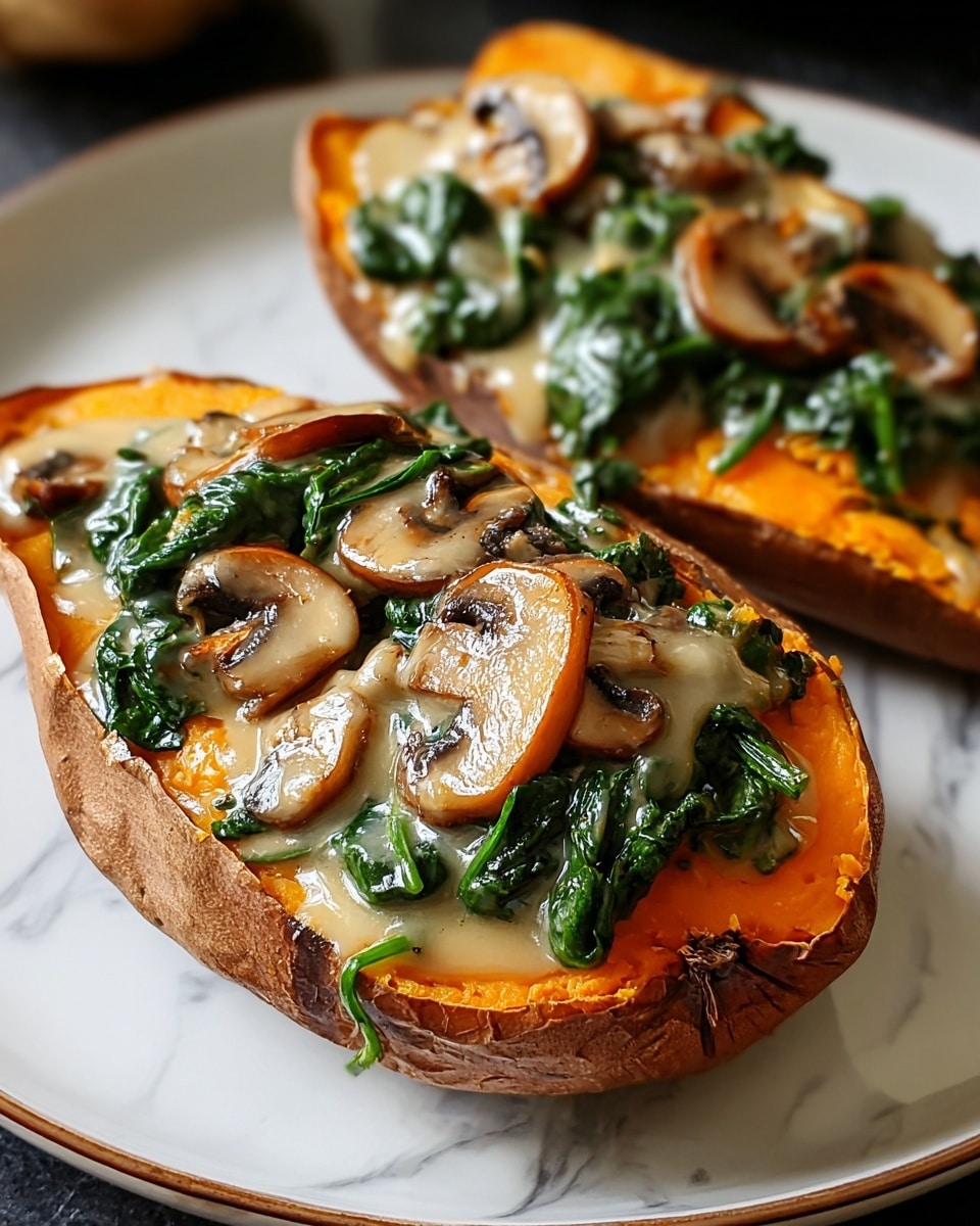 The image shows two halves of roasted sweet potato with crispy brown skin on a white plate placed on a white marbled surface. Each half has three main layers: the bright orange soft sweet potato base, topped with dark green sautéed spinach that looks tender and fresh, and then a creamy light tan sauce with browned mushroom slices on top. The mushrooms have a slight golden sear and appear glossy with the sauce. The overall look is warm, rich, and inviting. photo taken with an iphone --ar 4:5 --v 7