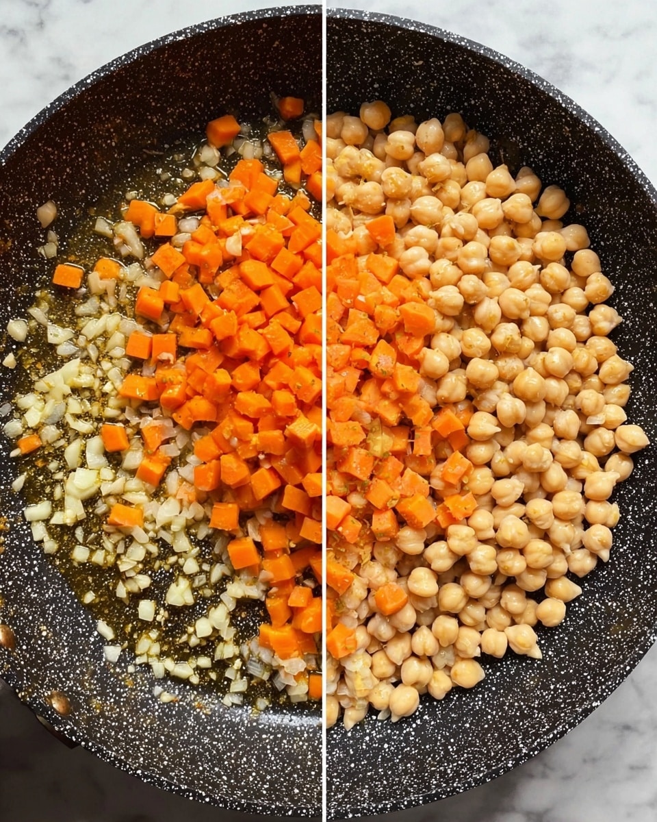The image shows two side-by-side photos of a frying pan with food being cooked. On the left side, the pan contains a base of small diced garlic pieces and oil mixed with a layer of small diced orange carrots placed in the center. The garlic is light beige with a slightly translucent look, while the carrots are bright orange and fresh. On the right side, a thick layer of light beige chickpeas covers most of the cooked carrots and garlic in the pan. The pan is black with a speckled white pattern, and the food looks slightly shiny from the oil. The background shows a white marbled surface. photo taken with an iphone --ar 4:5 --v 7