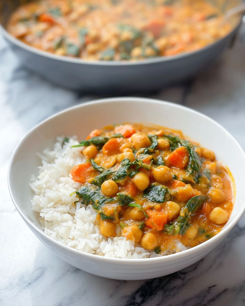 A white bowl filled with two layers: the bottom layer is white rice with a fluffy, soft texture, and the top layer is a thick stew made of orange chickpeas, bright orange carrot pieces, and dark green spinach leaves in a rich, creamy orange sauce. In the background, there is a grey pan with more of the stew, all set on a white marbled surface. The steam rising from the stew gives a fresh, warm feel. photo taken with an iphone --ar 4:5 --v 7