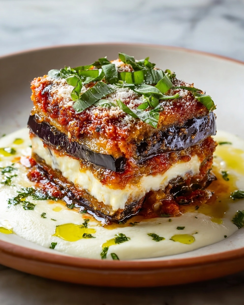 A layered square of eggplant parmesan sits in the center of a white plate, resting on a cream sauce with scattered green herbs and small drops of olive oil around it. The stack shows four layers, starting at the bottom with a thick white creamy cheese layer, followed by a roasted dark purple eggplant slice, then a reddish tomato sauce layer with herbs, topped again with cheese, another eggplant slice, and a final golden-brown crispy top sprinkled with grated cheese and fresh green basil leaves. The edges of the layers are uneven but the structure holds firm. The background is a white marbled surface photo taken with an iphone --ar 4:5 --v 7