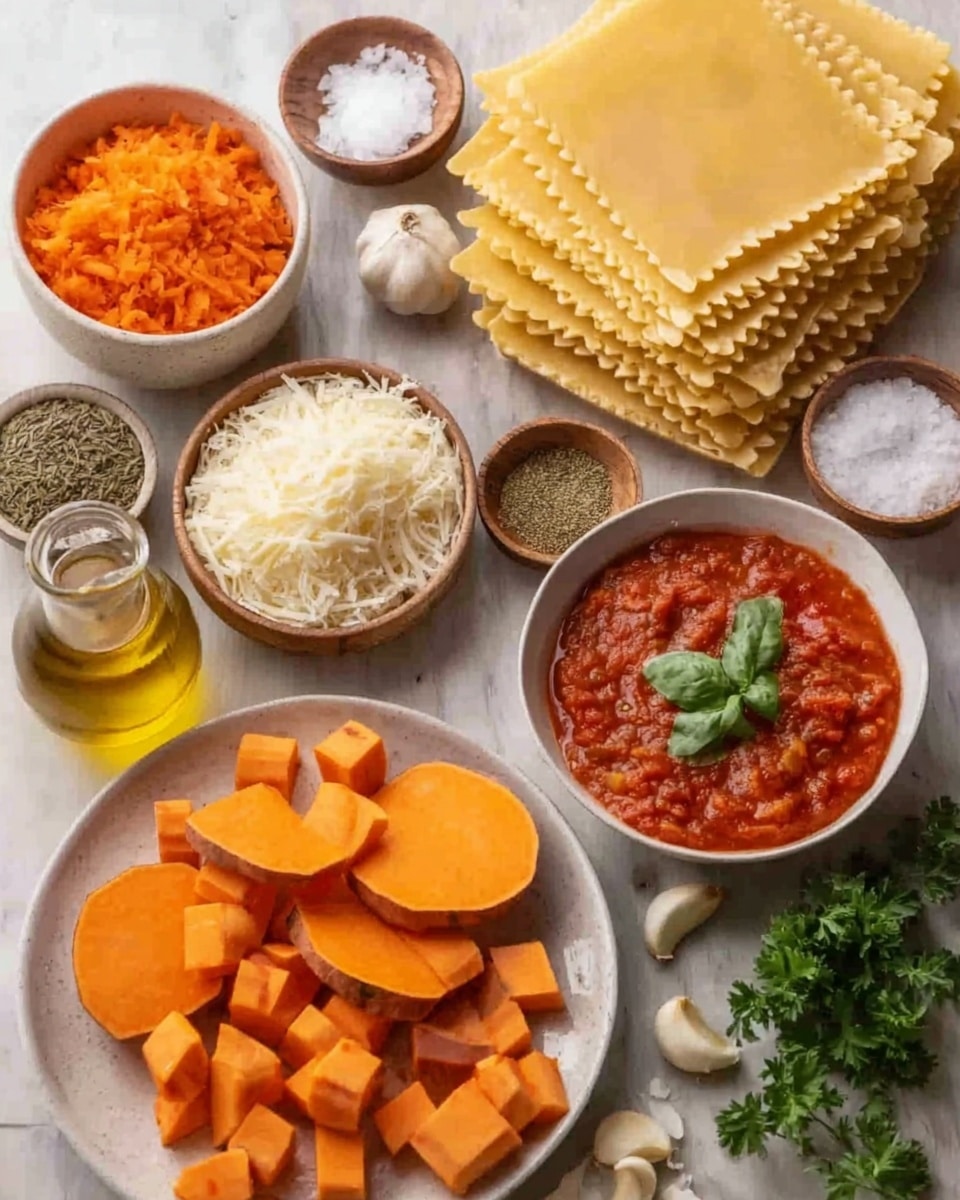 The image shows several ingredients arranged neatly on a white marbled surface, ready for cooking. In the center, there is a plate with slices of orange sweet potato and small cubes of the same sweet potato, all with smooth textures. To the right, there is a white bowl filled with chunky red tomato sauce topped with fresh green basil leaves. Above the plate, there are flat sheets of uncooked lasagna pasta standing in a stack with a pale yellow color and smooth texture. Surrounding these main items are smaller bowls: one with grated orange carrots, one with finely shredded white cheese, one with dried herbs, and one with grated cheese powder. There is also a small glass bottle of golden olive oil, and smaller bowls of salt, ground pepper, and minced garlic, scattered across the scene. Fresh green parsley and loose garlic cloves lie on the surface, adding natural color to the composition. The atmosphere feels warm and inviting, perfect for a kitchen prep scene. Photo taken with an iphone --ar 4:5 --v 7