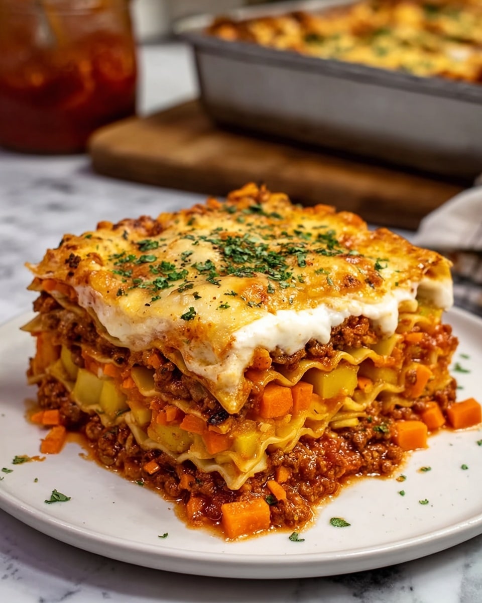 The image shows a thick square slice of lasagna on a white plate, placed on a white marbled surface. The lasagna has multiple visible layers: the bottom layer is a rich red sauce mixed with ground meat, followed by a layer of bright orange shredded carrots. Above this is a layer of wavy lasagna noodles, topped with a creamy white sauce. The next layer contains chunks of cooked orange carrots and yellow potatoes. The top layer is a golden brown melted cheese crust with some green herb garnish scattered on top. In the background, there is a blurred jar of red sauce and a metal baking tray with more lasagna. The photo taken with an iphone --ar 4:5 --v 7