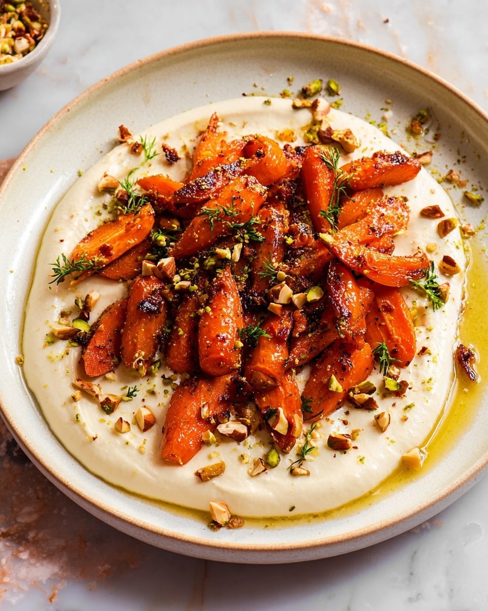 The image shows a white, curved-edge plate with a thick, creamy white base spread evenly in a circle. On top, there is a heap of roasted orange carrots, glistening with a light sauce and spices giving them a warm, slightly shiny look. Small pieces of chopped nuts and tiny green herb leaves are scattered over the carrots, adding texture and color contrast. The plate sits on a white marbled surface with a soft, natural light shining on the dish, highlighting the rich colors and smooth textures. photo taken with an iphone --ar 4:5 --v 7