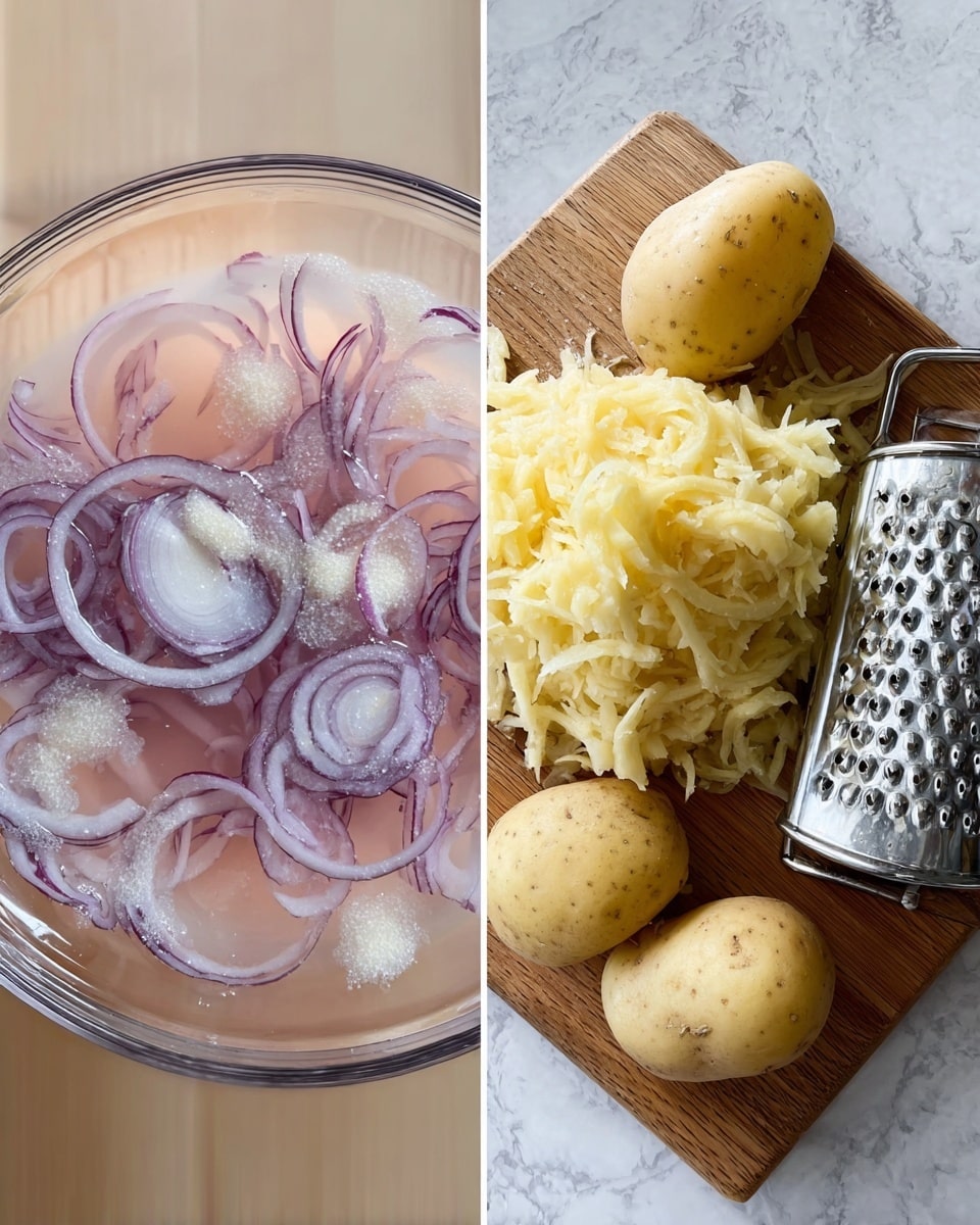 The image shows two side-by-side scenes: on the left, thin purple onion slices floating in a clear glass bowl filled with a light pink liquid, with a layer of granulated white sugar sprinkled over the onions and liquid; on the right, a wooden board holds a heap of pale yellow shredded potatoes next to four peeled whole potatoes and a metal grater standing upright with some potato bits stuck in it, all set against a white marbled surface. Photo taken with an iphone --ar 4:5 --v 7
