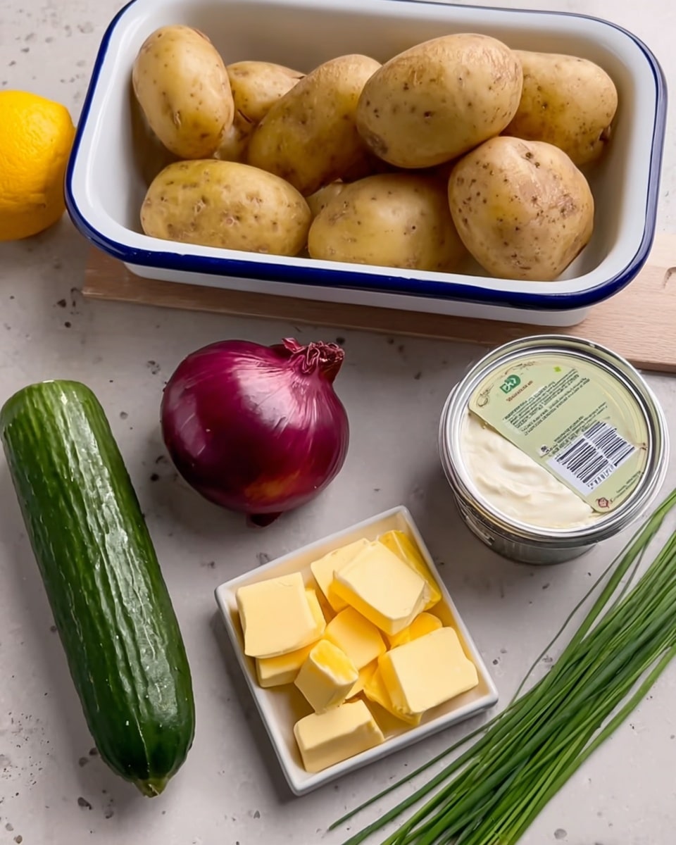 On a white marbled surface, there is a close-up of fresh ingredients arranged neatly. In the background, a white enamel tray with a blue rim holds several light brown potatoes, slightly rough in texture. Below the tray is one small whole red onion, smooth and shiny with a purplish-red skin. To the left of the onion, a cucumber cut in half shows its light green interior with visible seeds. Near the bottom center, a small white square dish holds several chunks of yellow butter with smooth edges. Below the butter, a bundle of green chives lies horizontally, thin and straight. To the right of the onion, a white container of crème fraîche with a clear lid shows the label partly visible and a smooth creamy texture inside. A yellow lemon is partially seen in the top left corner. The surface beneath all items is light with subtle gray veins. photo taken with an iphone --ar 4:5 --v 7