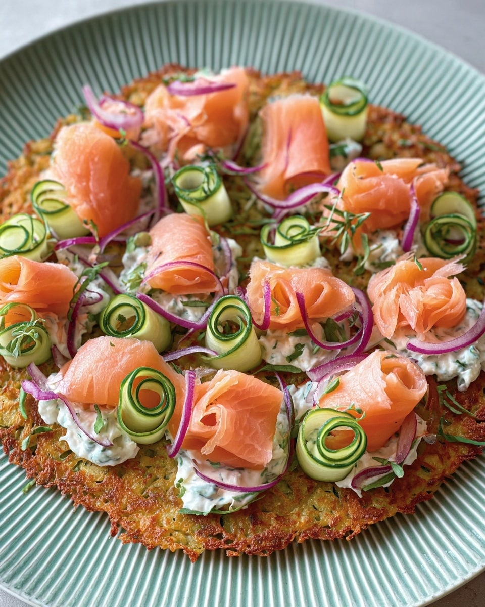 A white plate holds a single crispy golden-brown base layer with a rough, textured surface, topped with dollops of white creamy spread mixed with green herbs. On top of this are rolled pieces of light pink smoked fish, scattered evenly across the dish. Thin, bright green cucumber ribbons are rolled into small spirals and placed between the fish, while thin, round slices of purple-red onion add a pop of color and fill the spaces. The whole dish is colorful, fresh, and well balanced with layers spread evenly. Photo taken with an iphone --ar 4:5 --v 7